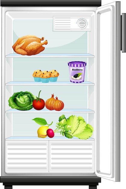 Бесплатное векторное изображение Открытый холодильник с едой внутри