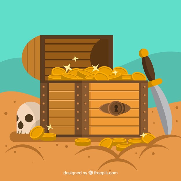 Opened treasure chest with flat design