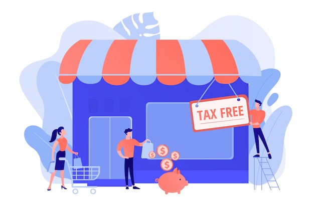 Opening new business, startup without taxation. Tax free service, VAT free trading, refounding VAT services, duty free zone concept. Pinkish coral bluevector isolated illustration