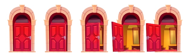 Free vector opening red front door with stone arch isolated on white background. cartoon set of house entrance, hall interior behind closed, ajar and open doors in building facade