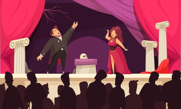 Opera theater scene flat cartoon  with 2 singers aria onstage performance and audience silhouettes