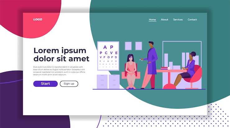 Free Vector ophthalmologist and nurse checking woman eyesight landing page template