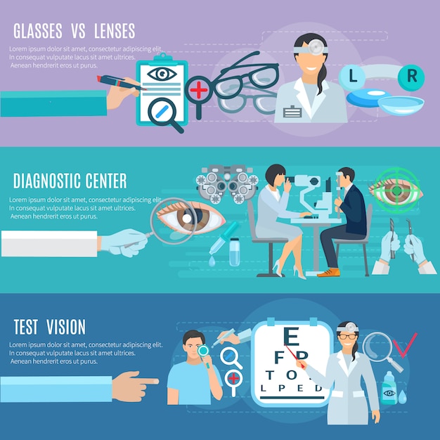 Oftalmologo oculista diagnostica e centro di trattamento mani lunghe 3 stendardi orizzontali piatti set abs