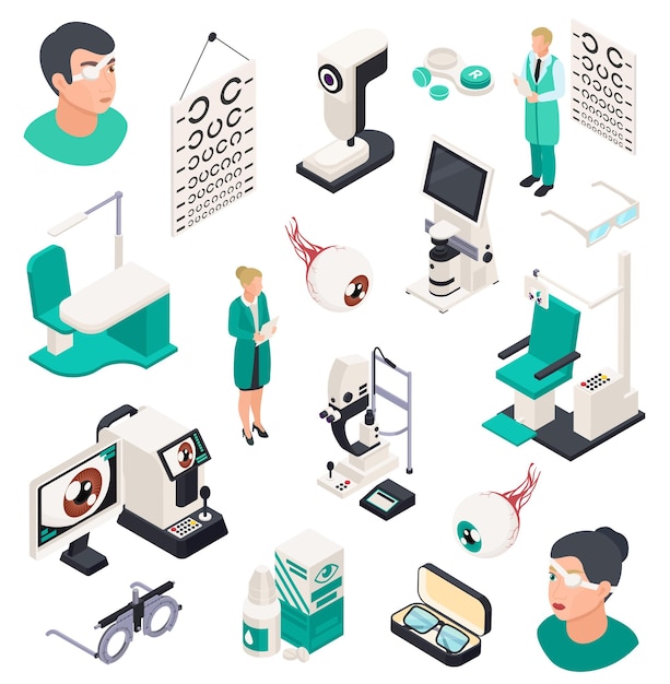 Free vector ophthalmology isometric collection of icons and compositions with professional eye treatment tools human heads and furniture vector illustration