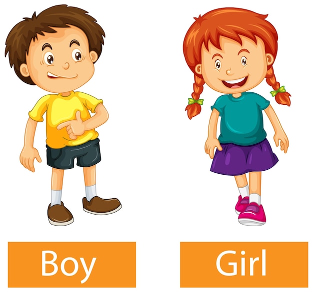 Opposite adjective words with boy and girl on white background