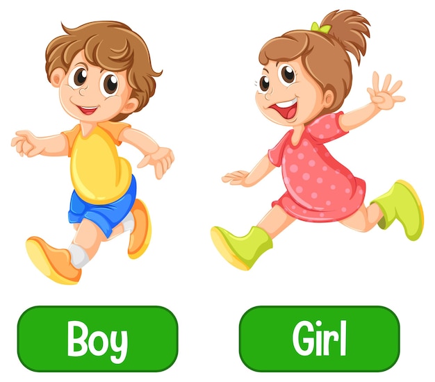 Free vector opposite adjective words with boy and girl on white background