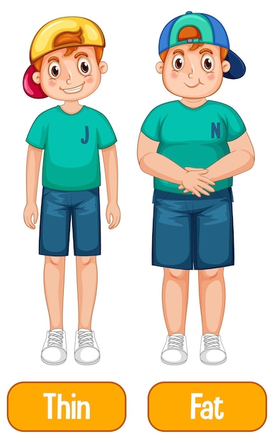 Opposite adjectives with thin boy and fat boy on white background