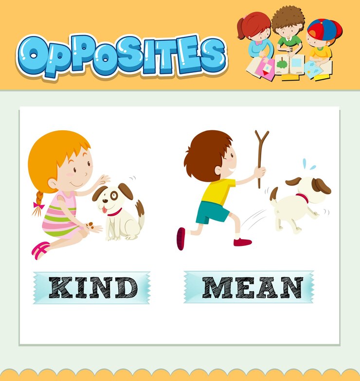 Illustration of opposite words "kind" and "mean" to illustrate emotional intelligence concepts.