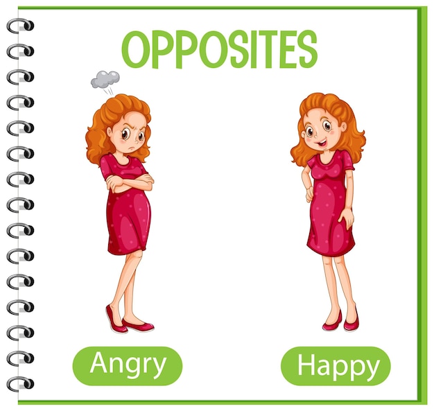 Opposite words with angry and happy