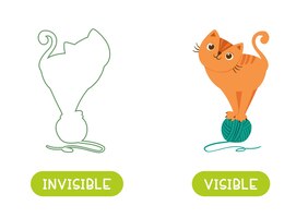 opposites concept, visible and invisible. word card for language learning. cat stands on a ball of yarn and silhouette of this cat. flashcard with antonyms for children vector template.