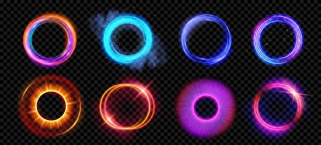 Optical halo flares with neon light vector effect set isolated on transparent background circle lens ring with glitter 3d digital design radiant speed motion design magic energy vortex with spark