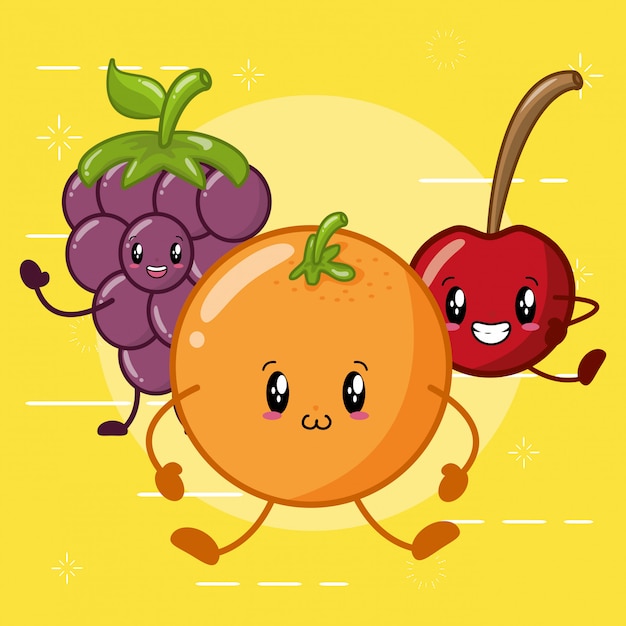 카와이 스타일로 웃고있는 오렌지, 사과, 포도
