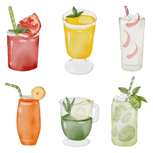 Orange, apple, lemon, avocado, peach and pomegranate juice in glass, Set of Fruit juice in watercolor style