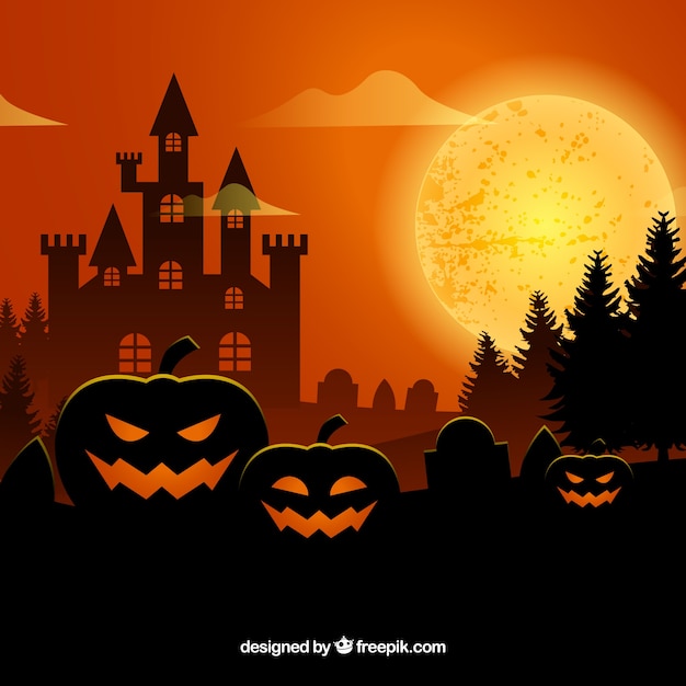 Orange background of pumpkins and castle