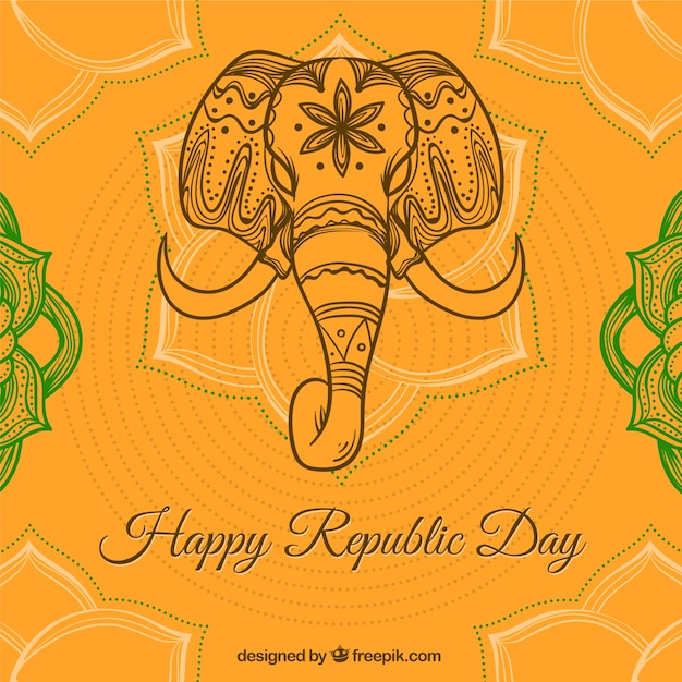 Free vector orange background with elephant for indian republic day