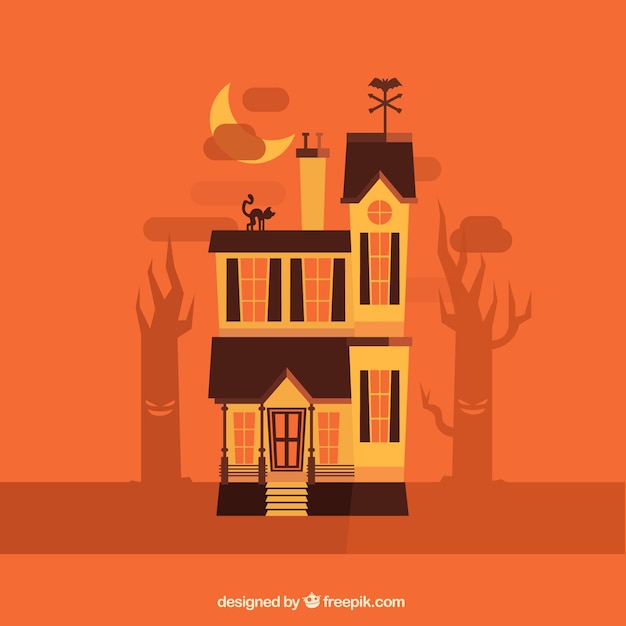 Free vector orange background with haunted house