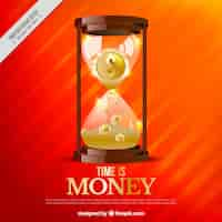 Free vector orange background with hourglass and coins