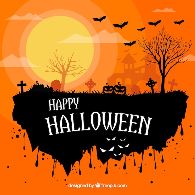 Free vector orange background with moon and cemetery