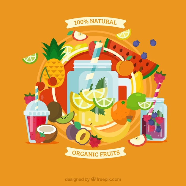 Free vector orange background with variety of fruits and containers in flat design