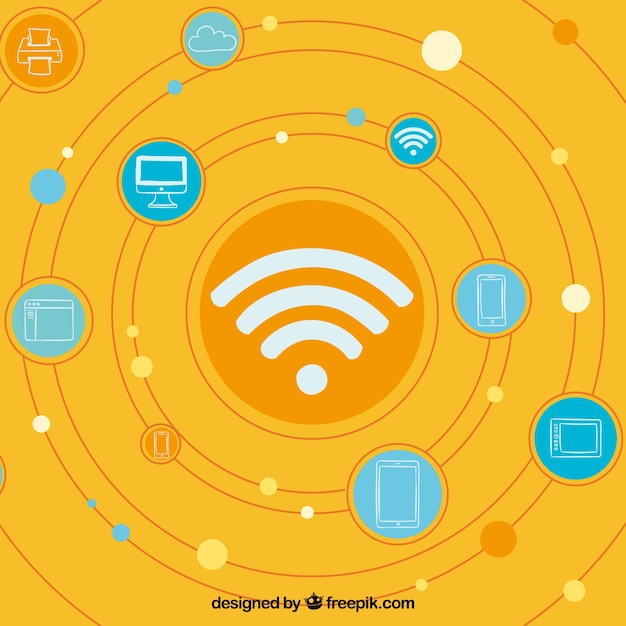 Vettore gratuito sfondo arancione con segnale wifi e diversi dispositivi elettronici