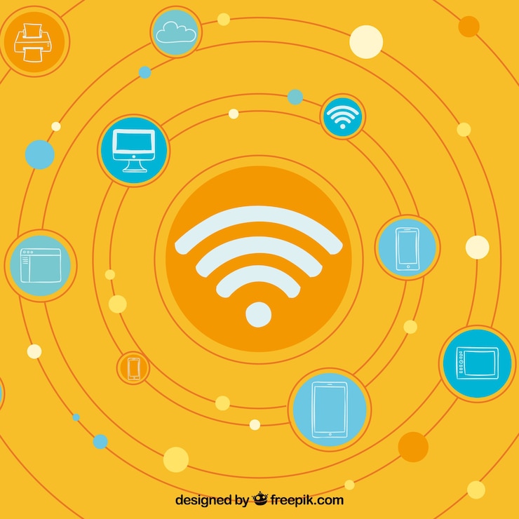 無料Vector オレンジの背景にwifi信号とさまざまな電子デバイス
