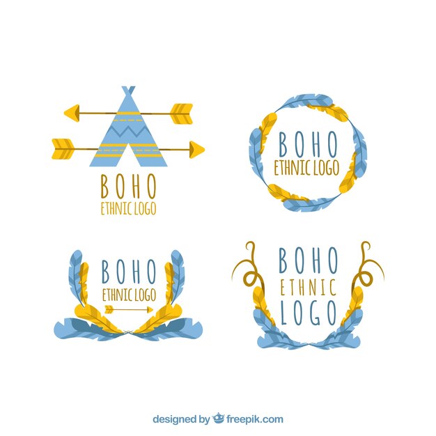 Orange and blue flat logos in boho style