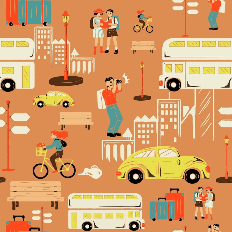 Free Vector orange city tour pattern vector with tourist