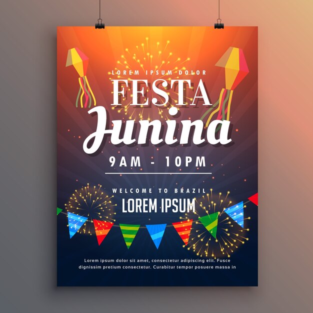 Festa junina party invito design flyer con fuochi d'artificio