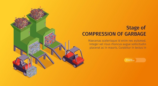 Free vector orange isometric garbage horizontal banner with stage of compression of garbage headline