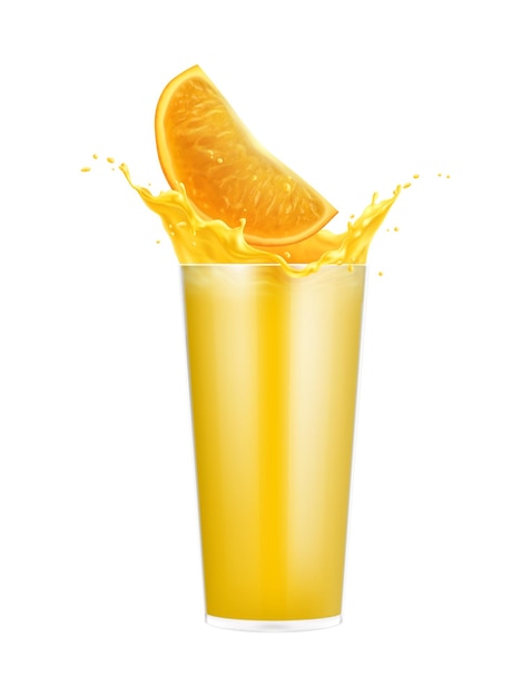 Бесплатное векторное изображение Апельсиновый сок брызгает композицией с изолированным изображением целого стекла с векторной иллюстрацией ломтиков и брызг жидкости