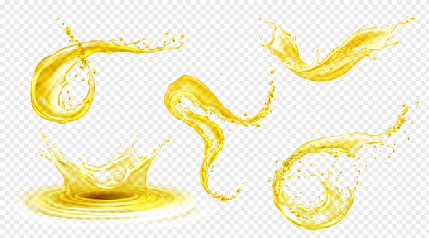 Spruzzi di arancia, succo di limone o olio, flussi di bevande gialle liquide con gocce. elementi di bevande alla frutta per la pubblicità o il design della confezione spruzzi freschi e getti scorrevoli, gocciola realistico 3d set