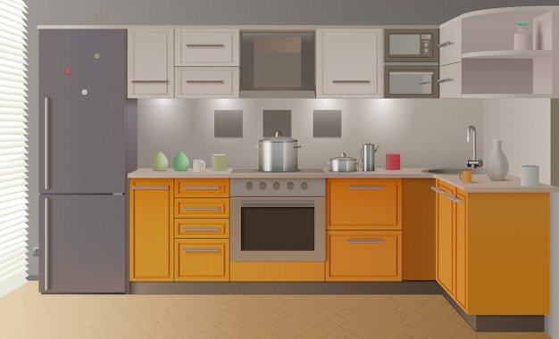 Free vector orange modern kitchen interior