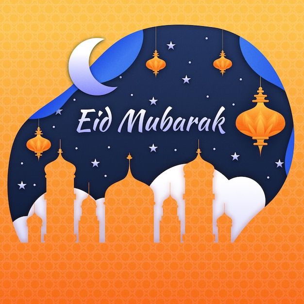 Vettore gratuito moschea arancione stile carta eid mubarak