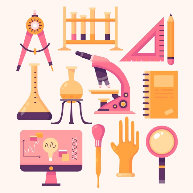 Orange and pink science lab objects