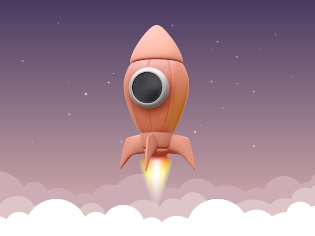 Orange realistic rocket flying into space. illustration