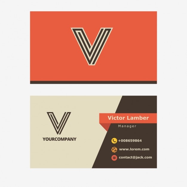 Free vector orange retro business card with v letter