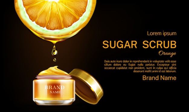 Orange sugar scrub cosmetics jar banner .