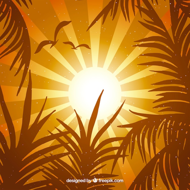 Free vector orange summer background with tropical leaves