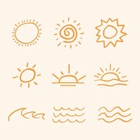 Orange summer sunset vector sticker cute doodle set