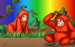 Free vector orangutan cartoon character in the forest on gradient rainbow background