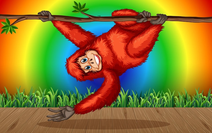 मुफ़्त वेक्टर orangutan cartoon character in the forest on gradient rainbow background