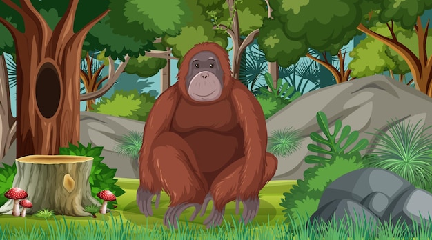 Орангутанг в лесу или сцена тропического леса с множеством деревьев