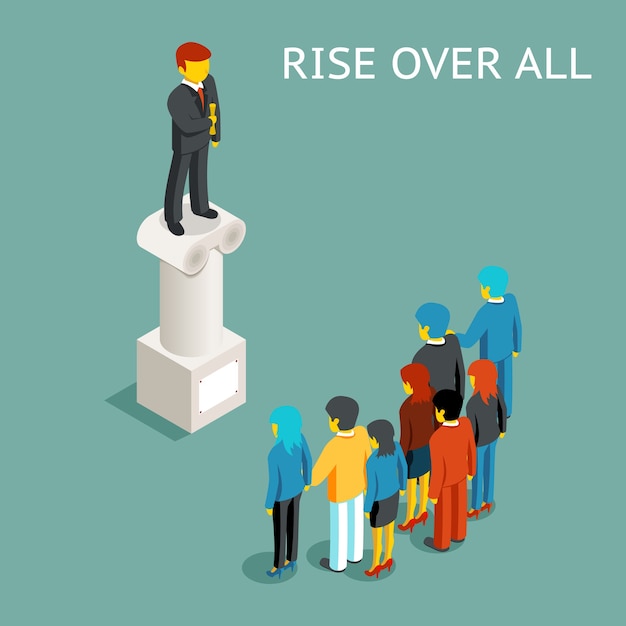 Orator public speech. Flat isometric conference or presentation, speaker and leader rise over all, presenter on column.