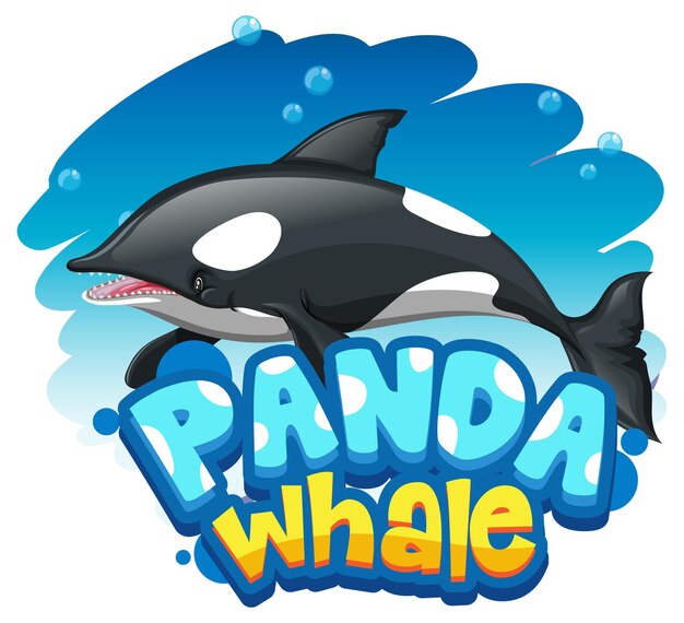 Orca or Killer Whale cartoon character with Panda Whale font banner isolated