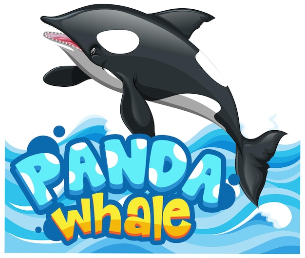 Orca or killer whale cartoon character with panda whale font banner isolated