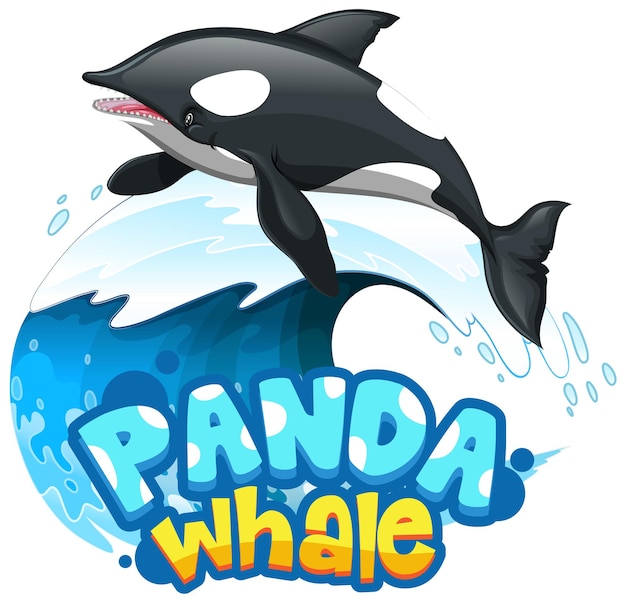 Orca or Killer Whale cartoon character with Panda Whale font banner isolated