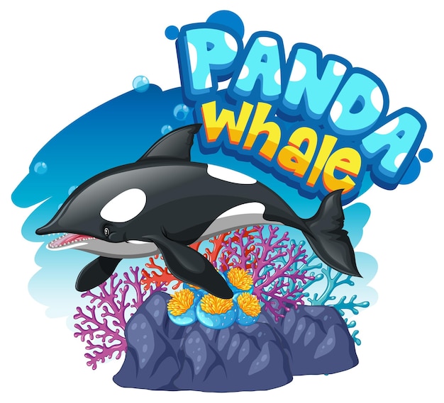 Free vector orca or killer whale cartoon character with panda whale font banner isolated