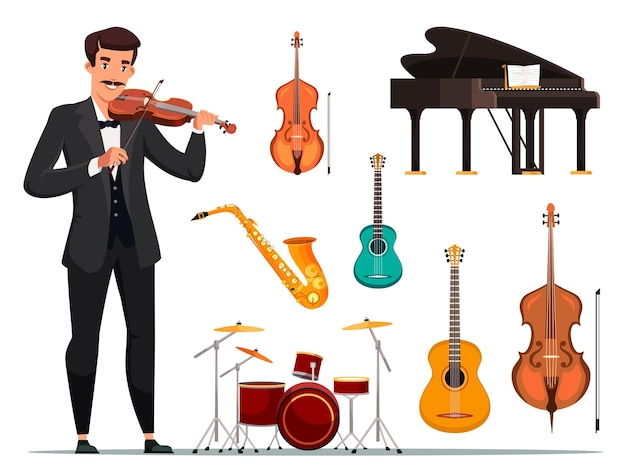 Free vector orchestra items set with violin musician grand piano guitar drum saxophone string keyboard percussion musical instruments