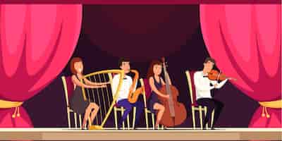 Бесплатное векторное изображение Выступление оркестра на сцене, концерт в зале, концепция культурного мероприятия, участники музыкального коллектива и зрители, играющие симфонию классической музыки