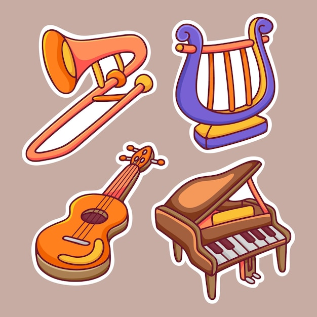 Orchestral Musical Instrument Sticker Icons Hand Drawn Coloring Vector